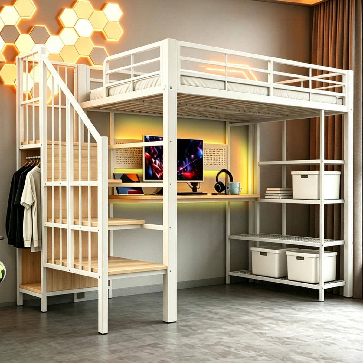 HOCHBETT 90/200 cm in Weiß mit Treppe, LED, Steckdosen und Regal aus Metall und Holz - Weiß, Holzwerkstoff/Metall (90/200cm) - CHICFURN