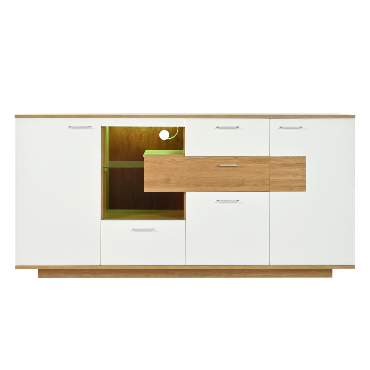 SIDEBOARD DE-38228 160/40/77 cm mit 4 Schubladen und LED-Beleuchtung Holzoptik/Weiß - Naturfarben, Holzwerkstoff (160/77/40cm) - ComfortXL