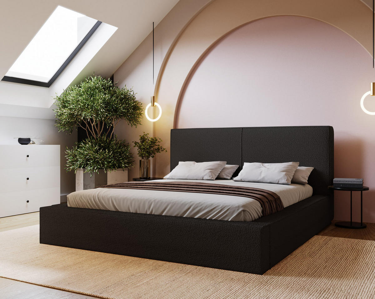 POLSTERBETT 180x200 Morin mit Bettkasten, Boucle, Schwarz - Schwarz, Holz/Textil (180/200cm) - Emporius