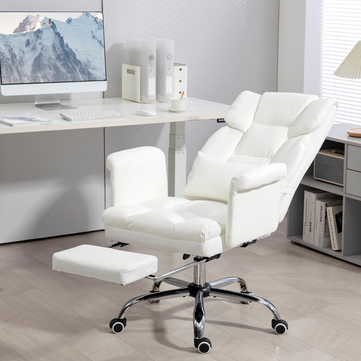 BÜROSTUHL ergonomisch höhenverstellbar Weiß mit Fußstütze - Weiß, Metall (65/115/69cm) - Meubliv