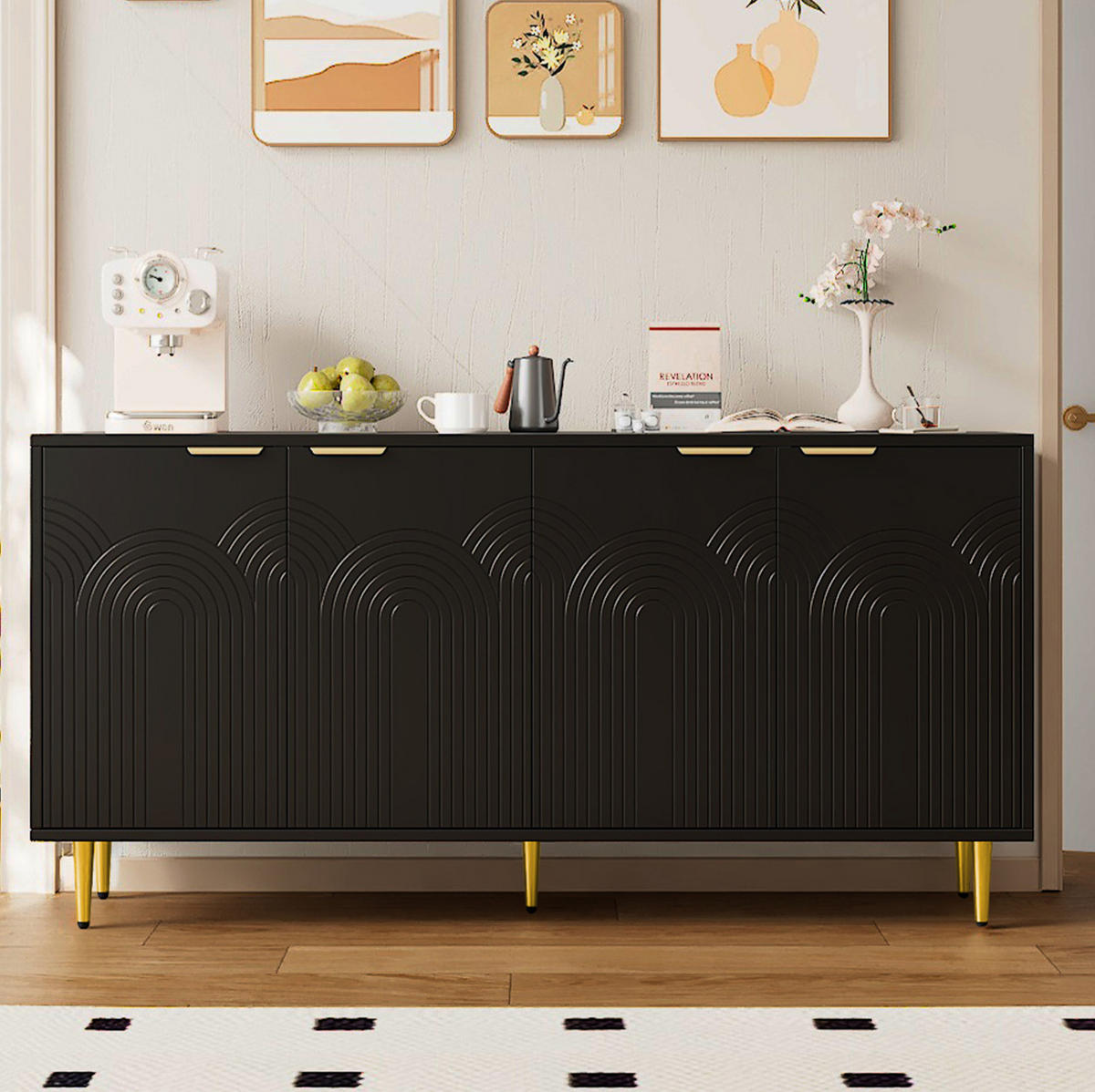 SIDEBOARD 160/40/80 cm aus MDF und Spanplatte mit 4 Türen Schwarz - Schwarz, Holzwerkstoff (160/80/40cm) - Modenvie