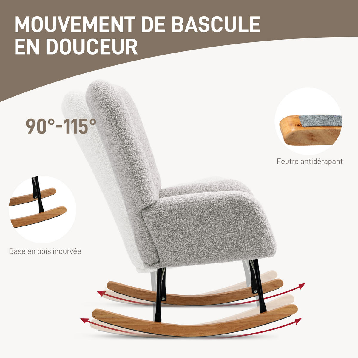 SCHAUKELSTUHL DE-17389 90-115° Neigung, Bouclé-Wolloptik Grau - Grau, Metall (70/100/94cm) - ComfortXL