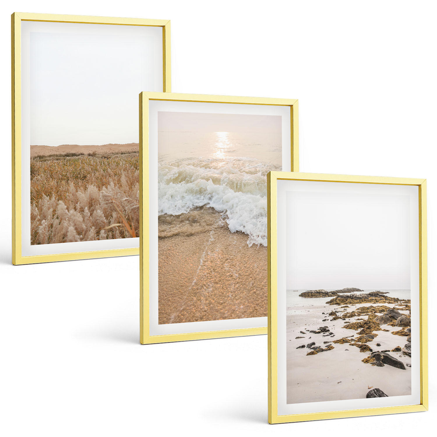 BILDER SET 3er Set - 40x60 cm Goldrahmen - Strandwellen, Steine, Sommer - Goldfarben, Kunststoff (40/60cm) - TULUP