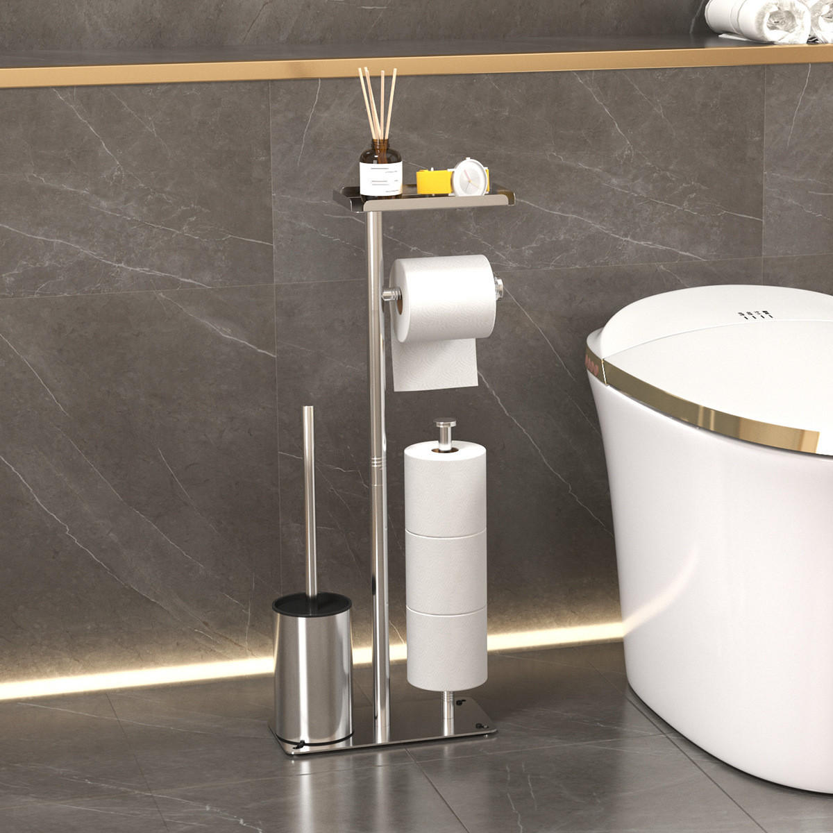 TOILETTENBÜRSTENHALTER – 2-in-1 (Silber) 24 x 12 x 60 cm - Silberfarben, Metall (12/60/24cm)