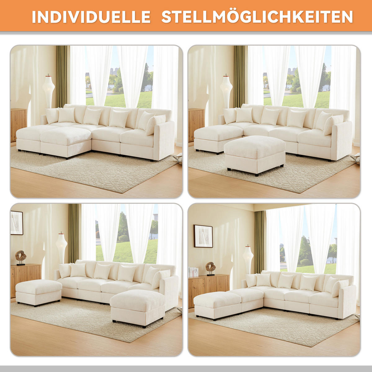MODULARES Ecksofa 284/156,5/86 cm aus Chenille mit verstellbaren Armlehnen Beige - Beige, Textil (156.5/284cm) - Modenvie