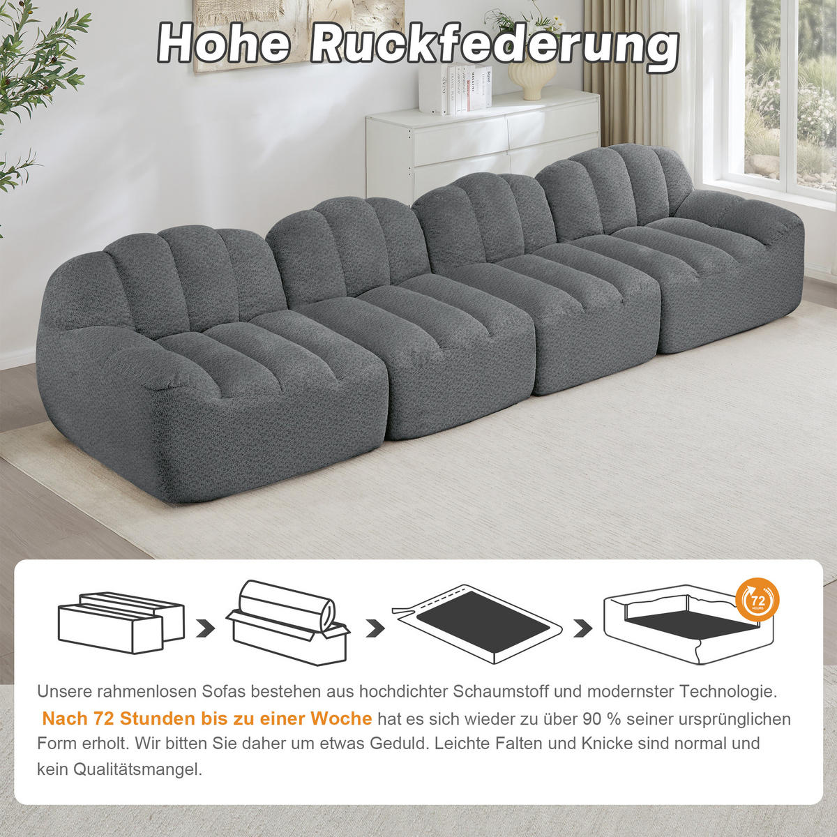 4-SITZER-SOFA DE-34312 Muschelform Grau - Grau, Textil (104/79/366cm) - ComfortXL