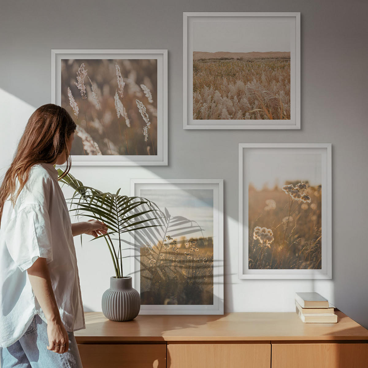 BILDER SET 4er Set - 50x50 cm & 40x60 cm Weißer Rahmen - Sommerwiesenblumen Sonnenuntergang - Weiß, Kunststoff (50/50cm) - TULUP
