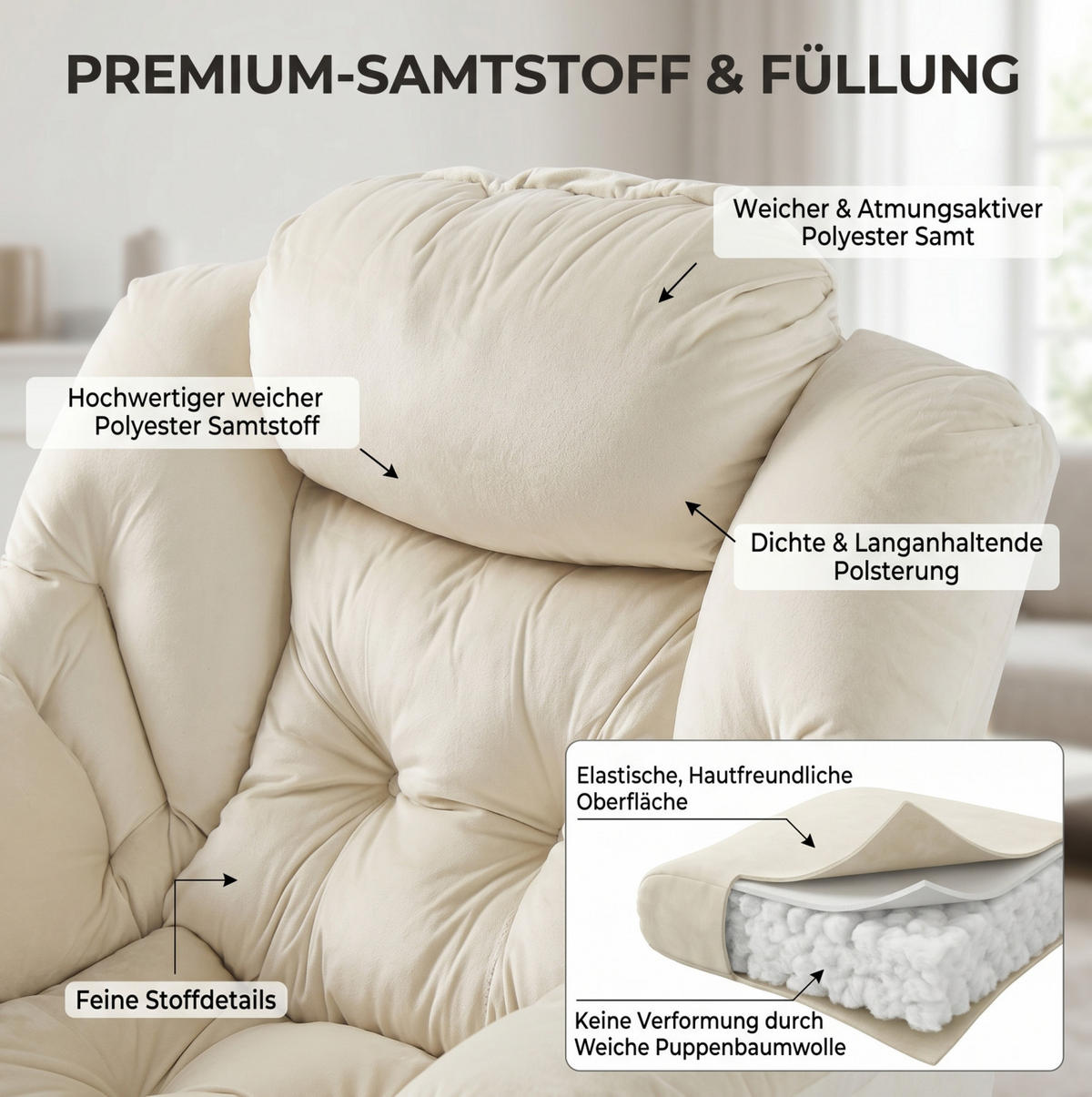 SESSEL mit Hocker in Beige mit Seitentasche und gepolsterten Armlehnen,72/80/93 cm - Beige, Metall (72/93/80cm) - BEAOK
