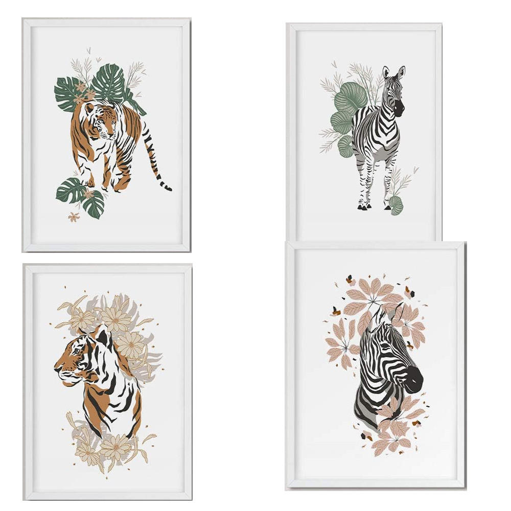 POSTER Set mit 4 Tiger ZebraKlinge, Blumen und Pflanzen aus dem Dschungel A3 Rahmenlos - Klar, Papier (29.7/3cm) - Nacnic