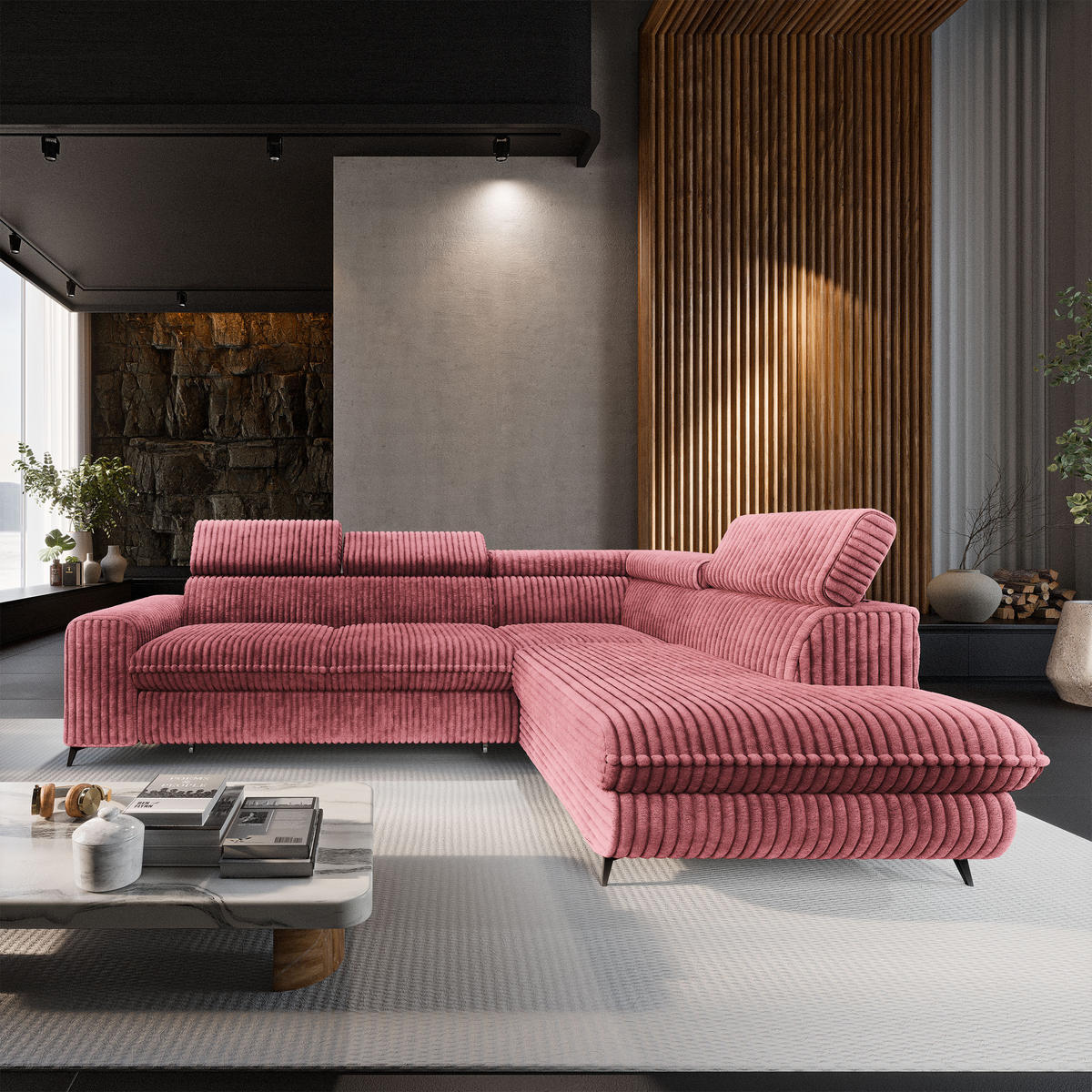 ECKSOFA VELISS Rosa Kordstoff mit Schlaffunktion - Rosa, Holz (255/193cm) - MASSENO