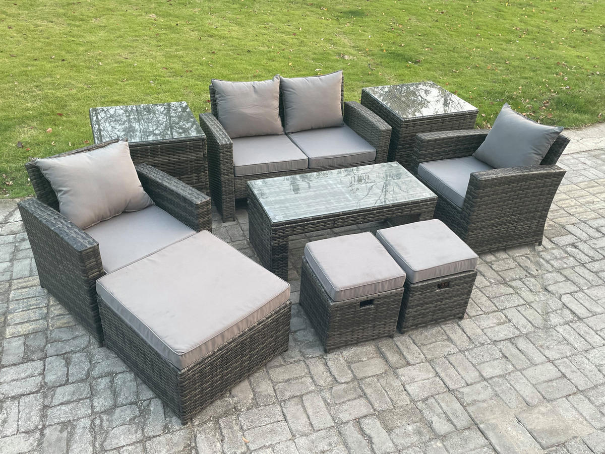 GARTEN LOUNGE-SET MIT RECHTECKIGEM COUCHTISCH STUHL 3 HOCKER Polyrattan Dunkelgrau Gemischt - Dunkelgrau, Metall - Fimous