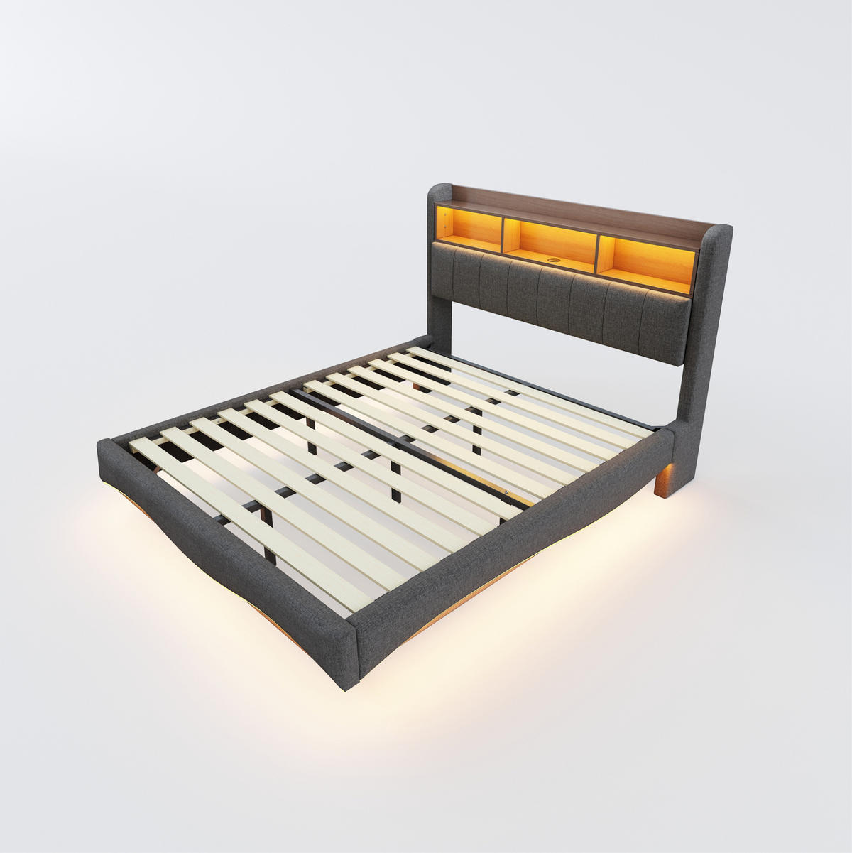POLSTERBETT aus Stoff 160x200 cm Grau mit LED-Beleuchtung, USB-, Typ-C-Anschluss und Stauraum am Kopfteil - Grau, Textil (160/200cm) - Modfu
