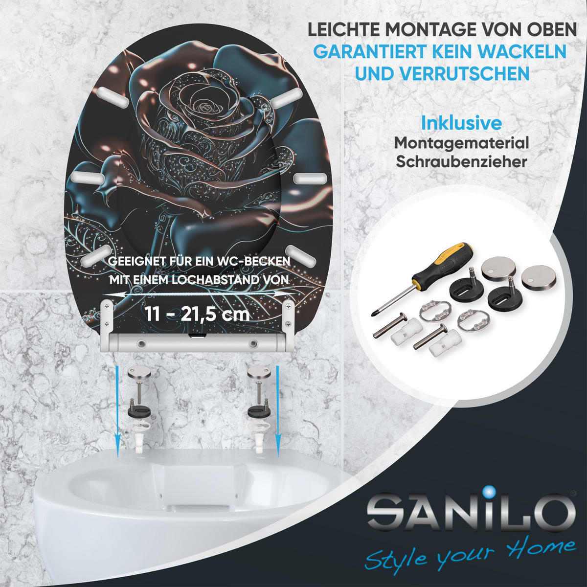 WC-SITZ mit Absenkautomatik & Top Fix Black Rose - Schwarz, Holzwerkstoff (37.7/5/48cm) - Sanilo