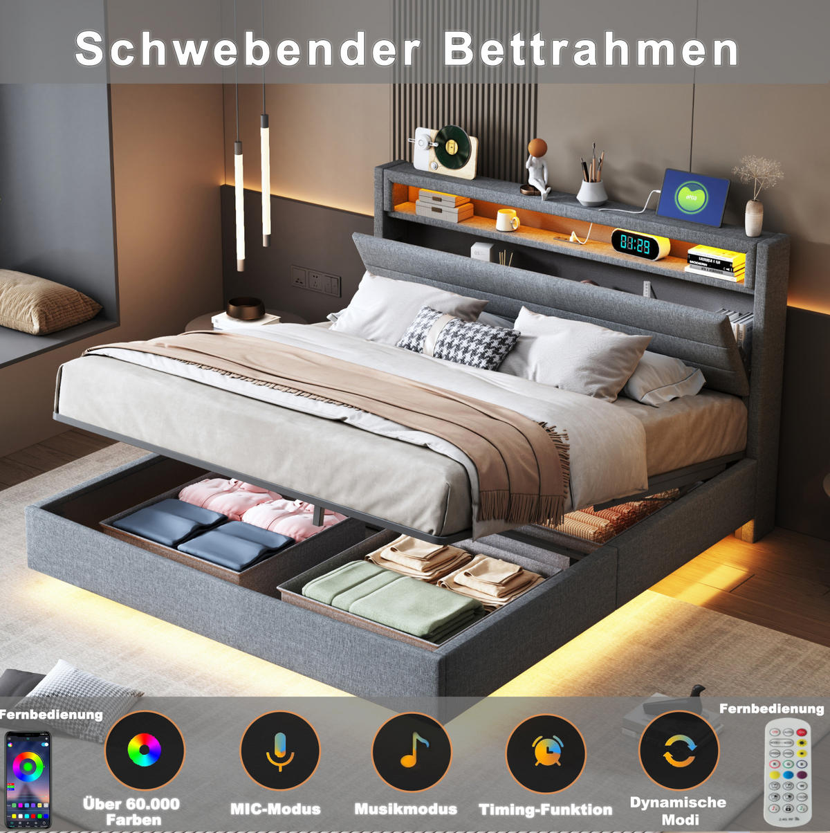 POLSTERBETT mit Stauraum 160x200 cm Grau mit LED und USB - Grau, Metall (160/200cm) - Meubliv