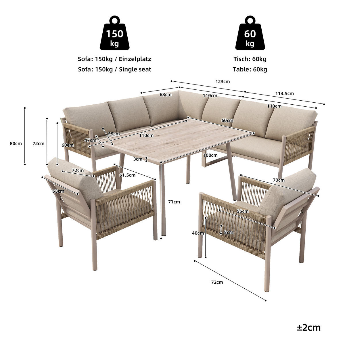 GARTENLOUNGE Beige 7-8 Personen L-Form Sofa Tisch 2 Sessel - Beige, Metall - FLIEKS