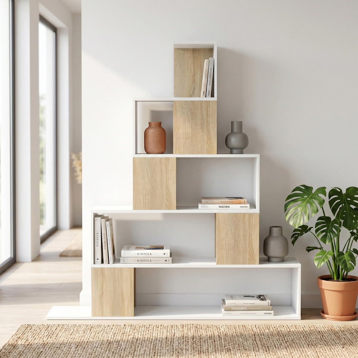 BÜCHERREGAL,5-STÖCKIG Stufendesign 120x22x131,5cm,weiß-holz - Weiß, Holzwerkstoff (120/131.5/22cm) - Vallsero