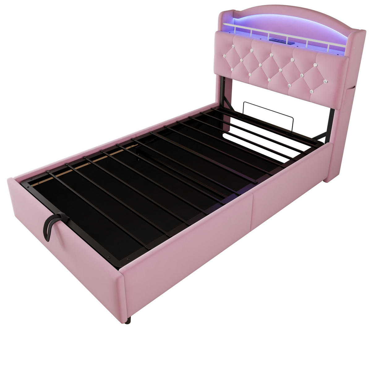 KINDERBETT mit Stauraum 90x200 cm Samt Rosa mit LED und USB - Pink, Metall (90/200cm) - Meubliv