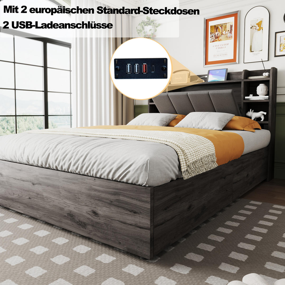 POLSTERBETT 140/200 cm Grau mit Stauraum, Ausgestattet mit USB und Tape-C-Steckdose - Grau, Holz (140/200cm) - Oxeza