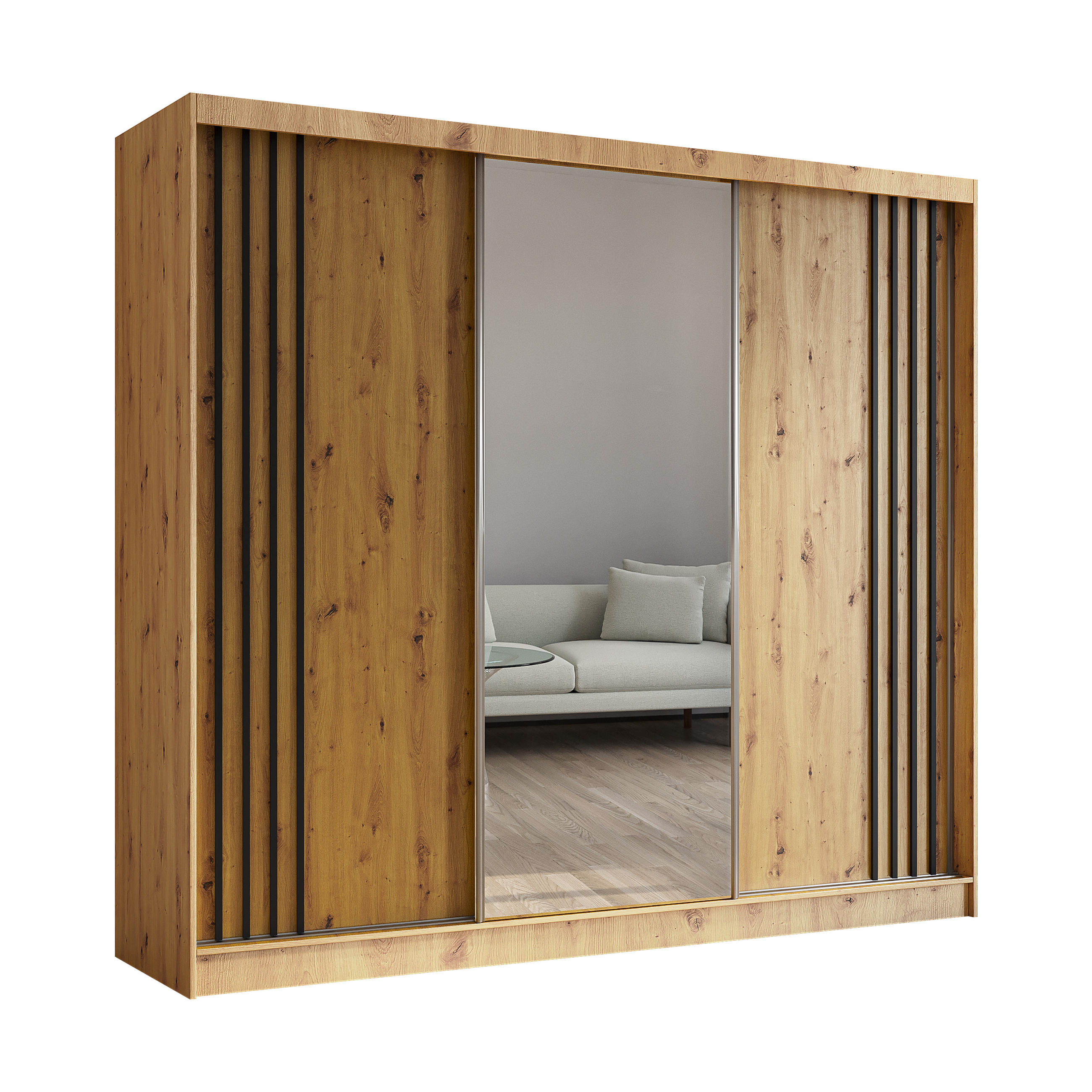 KLEIDERSCHRANK mit Spiegel-Schiebetüren und Aluminium-Leisten, LED-Beleuchtung - NALLA - 240 cm Artisan+Artisan+Schwarz - Schwarz/Eiche Artisan, Holzwerkstoff (240/216/61cm) - ALTDECOR