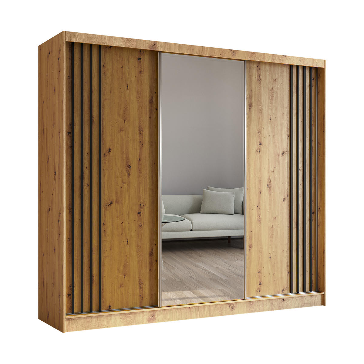KLEIDERSCHRANK mit Spiegel-Schiebetüren und Aluminium-Leisten, LED-Beleuchtung - NALLA - 240 cm Artisan+Artisan+Schwarz - Schwarz/Eiche Artisan, Holzwerkstoff (240/216/61cm) - ALTDECOR