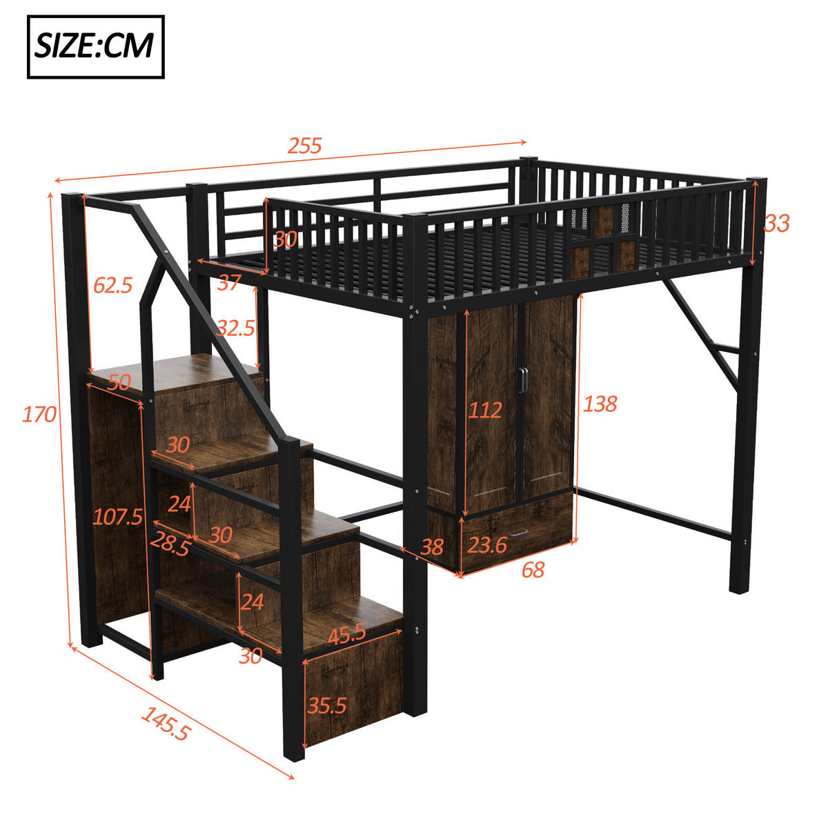 HOCHBETT 140/200 cm Schwarz mit großem Kleiderschrank und Schubladen - Schwarz, Metall (140/200cm) - OKWISH