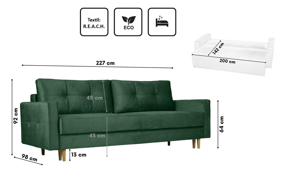 SCHLAFOSOFA Floro 3-Sitzer Stoff Monolith Grün - Grün, Holz/Textil (227/92/98cm) - Kaiser Möbel