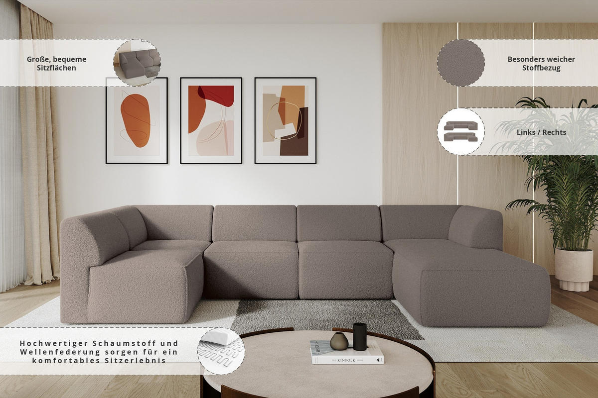 WOHNLANDSCHAFT Ottomane Rechts MOVO-L 345x180x78 cm Braun Bouclé - Schwarz/Braun, Holzwerkstoff/Kunststoff (345/78/180cm) - ALTDECOR