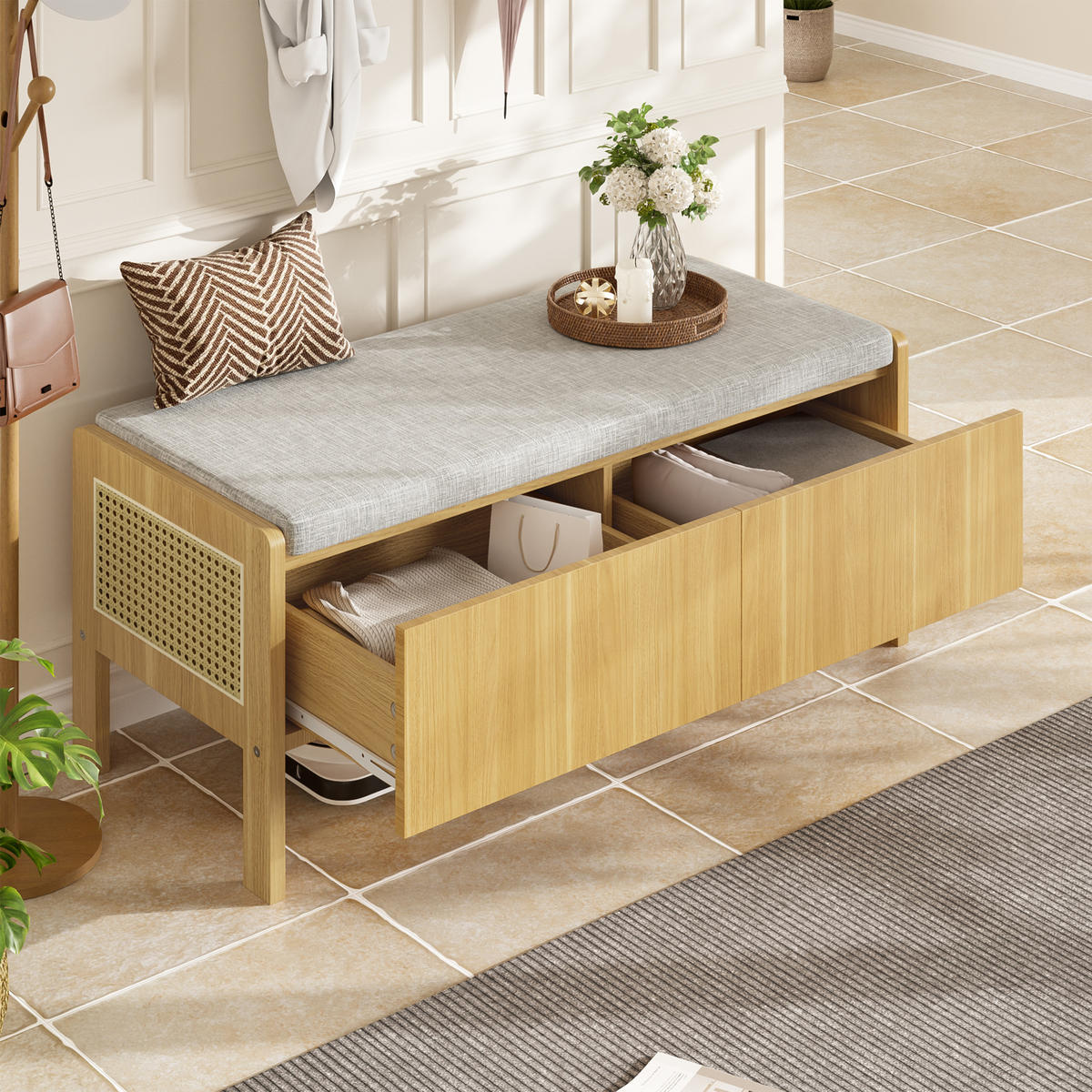 SCHUHBANK in Naturfarben und Grau Sitzschrank mit Rattan-Geflecht und Schubladen für Flur, B113/T45.5/H40 cm - Naturfarben/Grau, Glas/Holzwerkstoff (113/45.5/40cm) - STILVORA