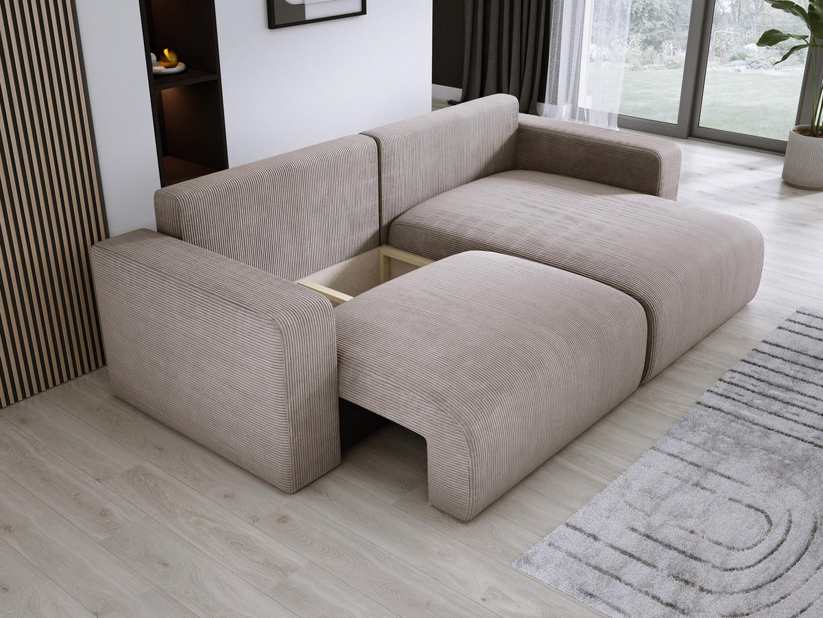 ECKSOFA Carl L-förmig Schlaffunktion und Bettkasten weicher Cordstoff flexibel stellbar lose Rückenkissen freistehend RECHTS 247x143x83cm Cappuccino - Cappuccino, Holz/Textil (247/143cm) - DomoHome