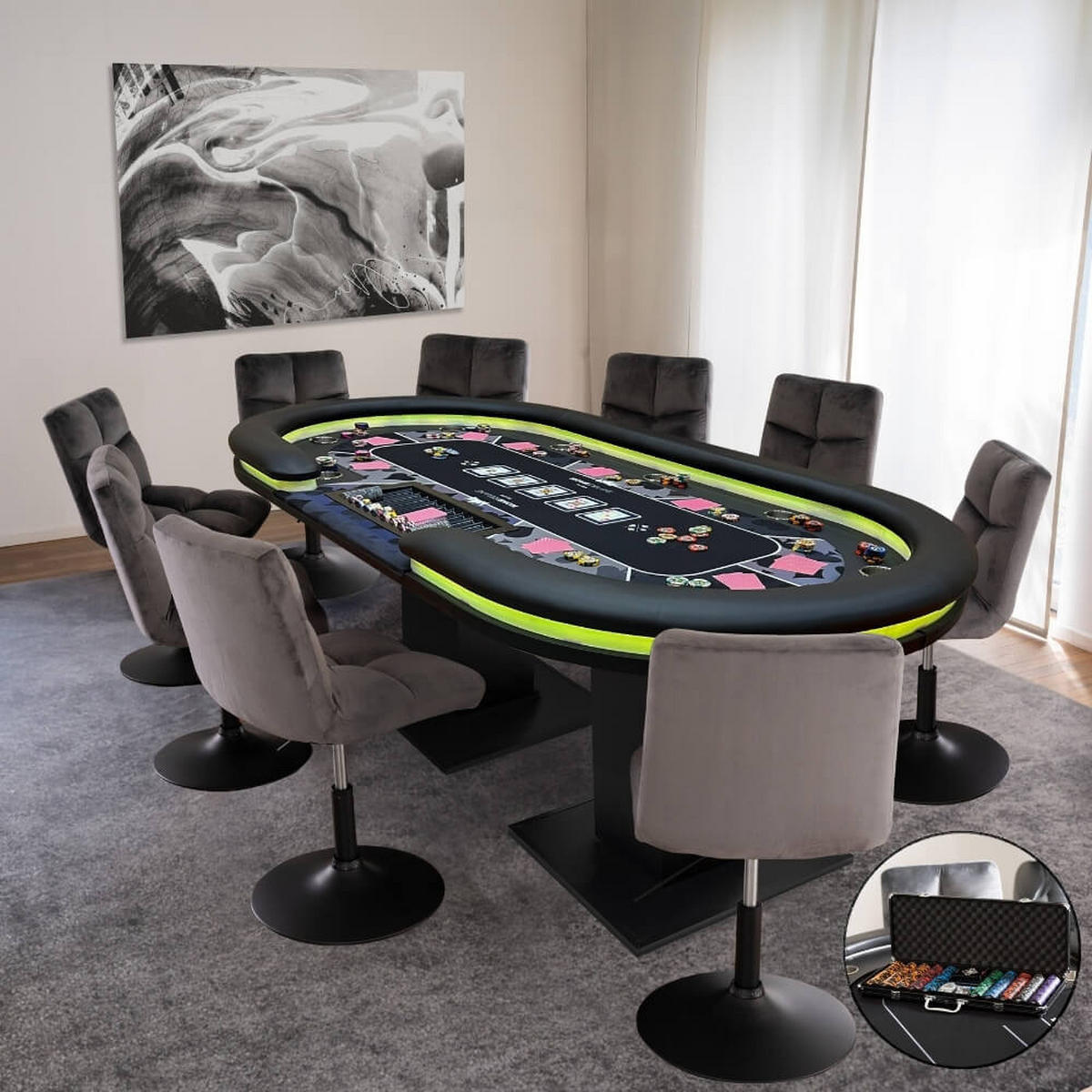 LED-POKERTISCH STRAIGHT FLUSH - Ausstattung: 2 Stühle - Schwarz, Holzwerkstoff/Metall (106/213cm) - Home Deluxe