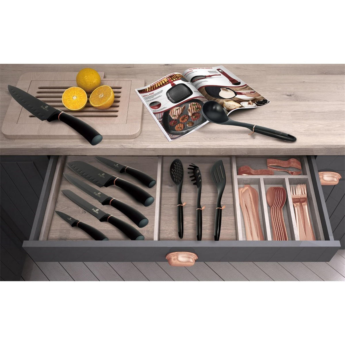 MESSERSET Schwarz 30/10/30 cm BH2337 - Schwarz, Metall - Berlinger Haus