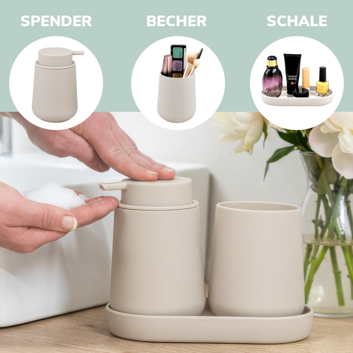 BAD-ACCESSOIRES-SET TESERO, Soft-Touch, beige - Beige, Kunststoff (18.5/13.5/10cm) - eluno