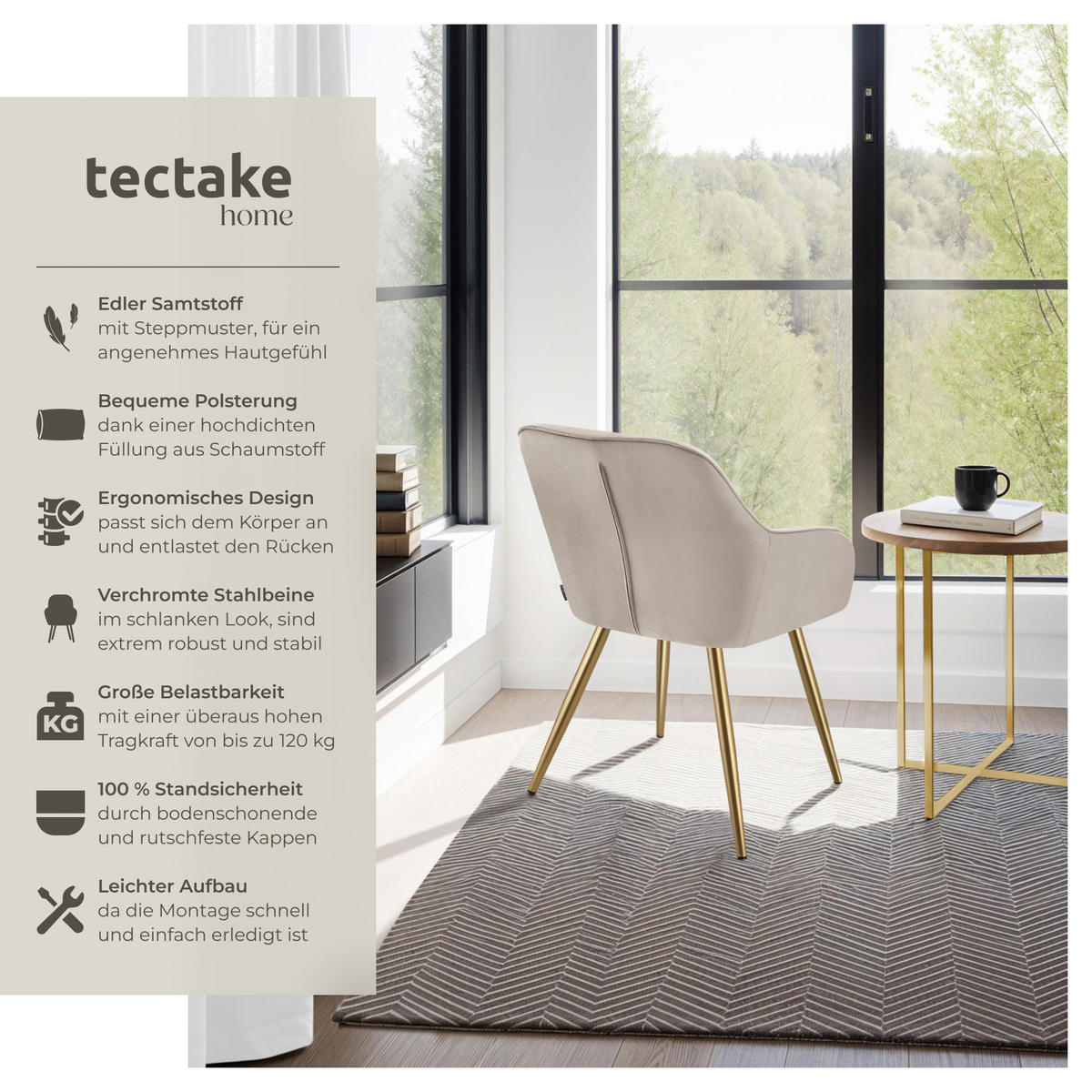 ESSZIMMERSTUHL 4er Set Marilyn,58 x 62 x 82 cm,taupe/gold - Taupe/Goldfarben, Kunststoff (58/82/62cm) - tectake