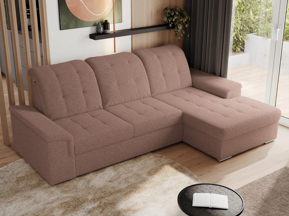 ECKSOFA MADRITO L - Rosa Boucle - Rechts - Silberfarben/Rosa, Textil/Metall (256/160cm)