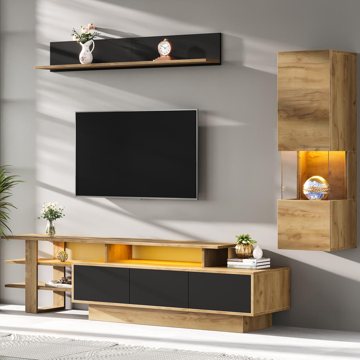 TV-ELEMENT 180/40/45 cm Natur + Schwarz mit LED Beleuchtung und 3 Schublade (3 Stück) - Schwarz, Holz (180/45/40cm) - Oxeza