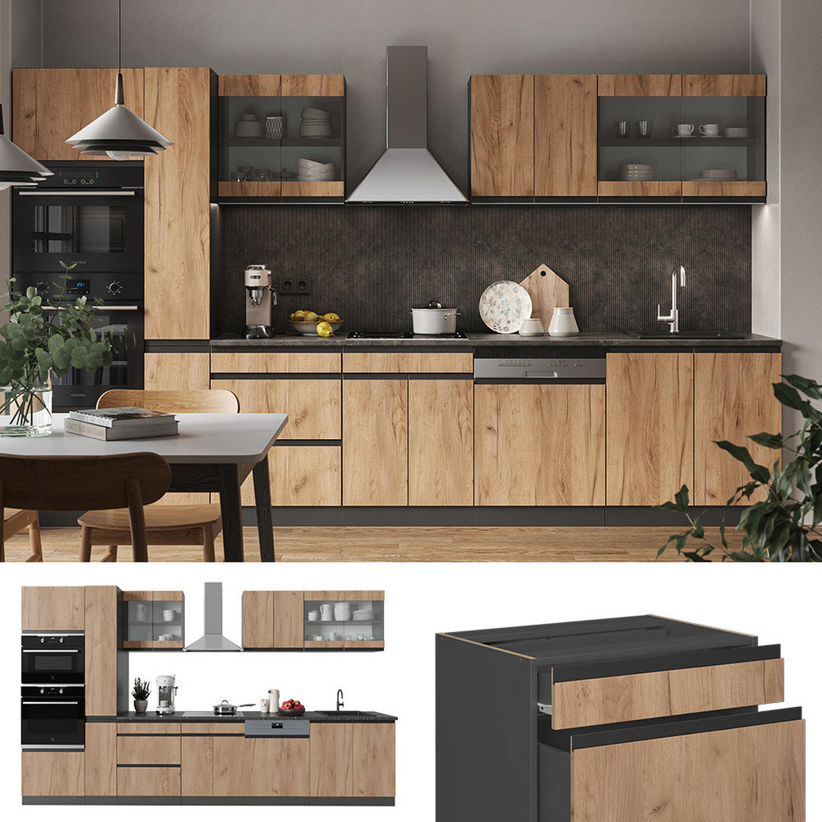 KÜCHENZEILE R-Line Goldkraft Eiche/Anthrazit 350 cm J-Shape ohne AP - Honigeiche/Anthrazit, Holzwerkstoff (350/81.6/46cm) - Vicco