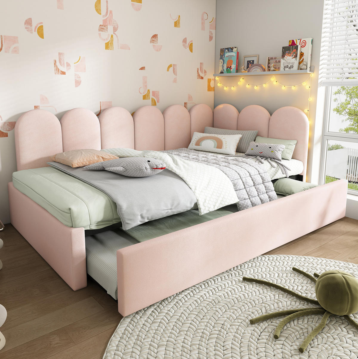 KINDERBETT Polsterbett 90/200 cm aus Samt mit Ausziehbett Rosa - Rosa, Textil (90/200cm) - Modenvie