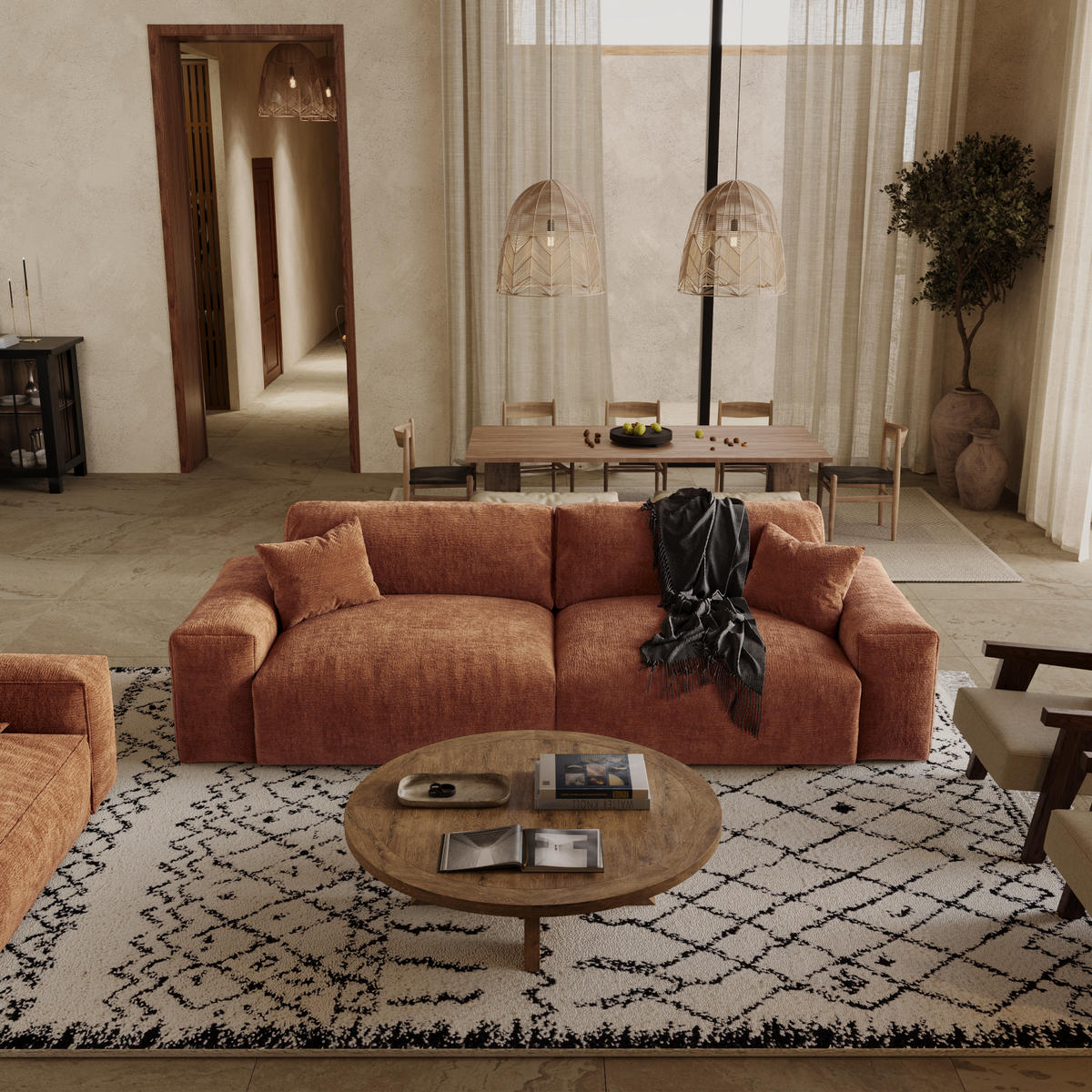 SOFA CHEER Geprägter Samt Terrakotta 220cm - Dunkelorange/Terracotta, Textil (220/84/94cm) - Premium Interiors