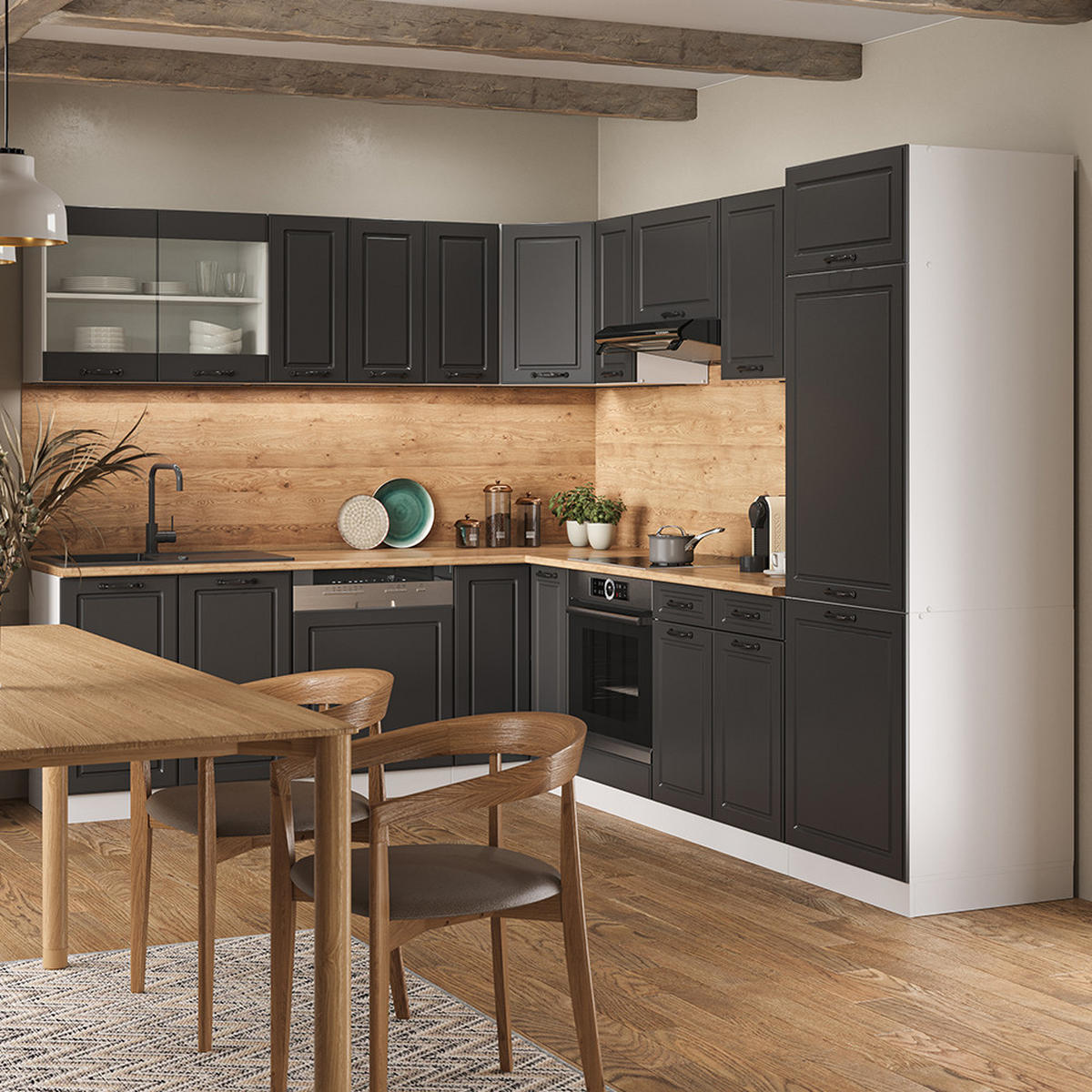ECKKÜCHE R-Line Anthrazit Landhaus/Weiß 227 x 287 cm ohne AP - Dunkelgrau/Weiß, Holzwerkstoff (287/81.6/46cm) - Vicco