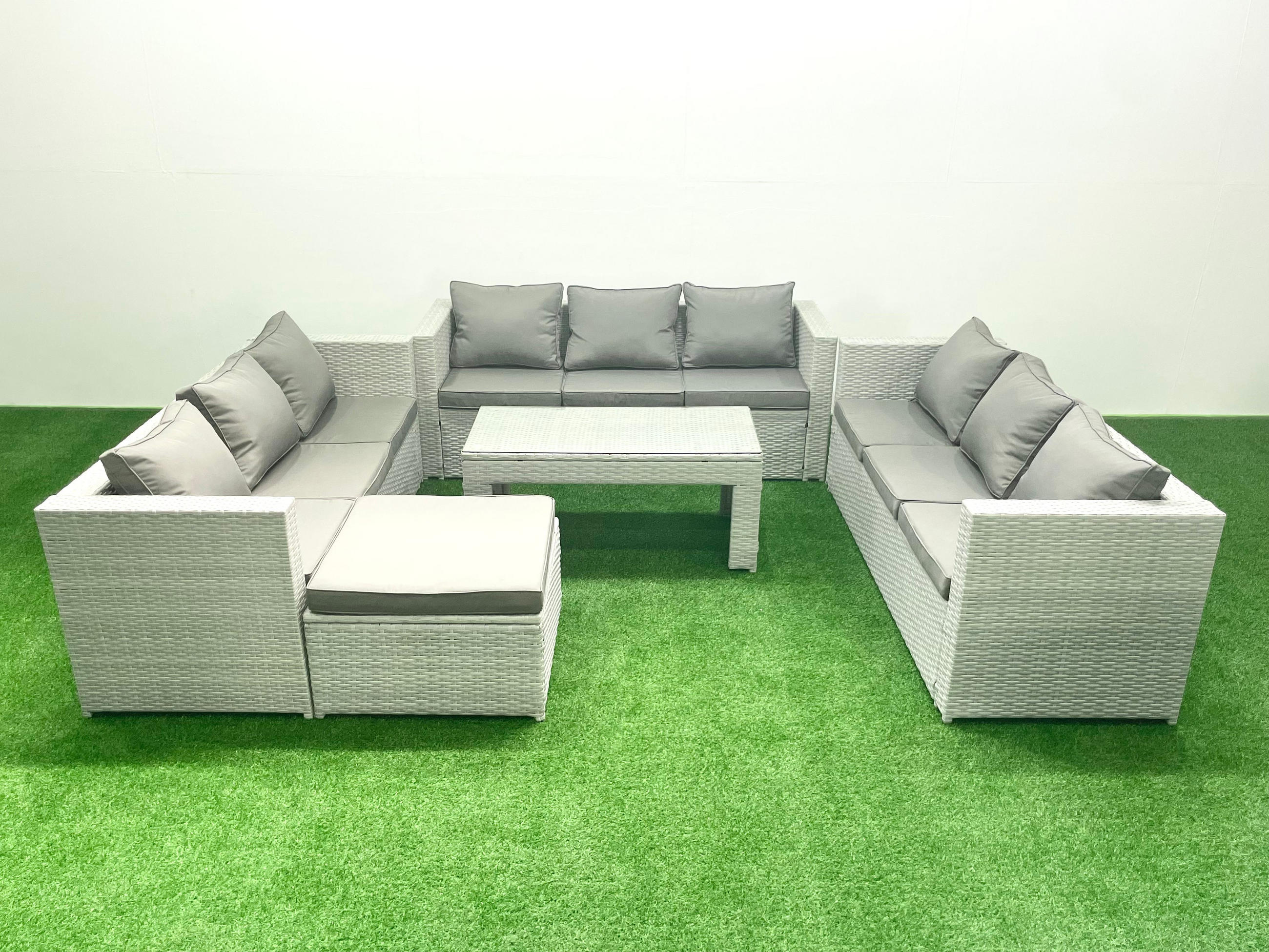 BALKONMÖBEL-SET Polyrattan Hellgrau-Mix 10-teilig - Hellgrau/Grau, Glas/Kunststoff - Fimous