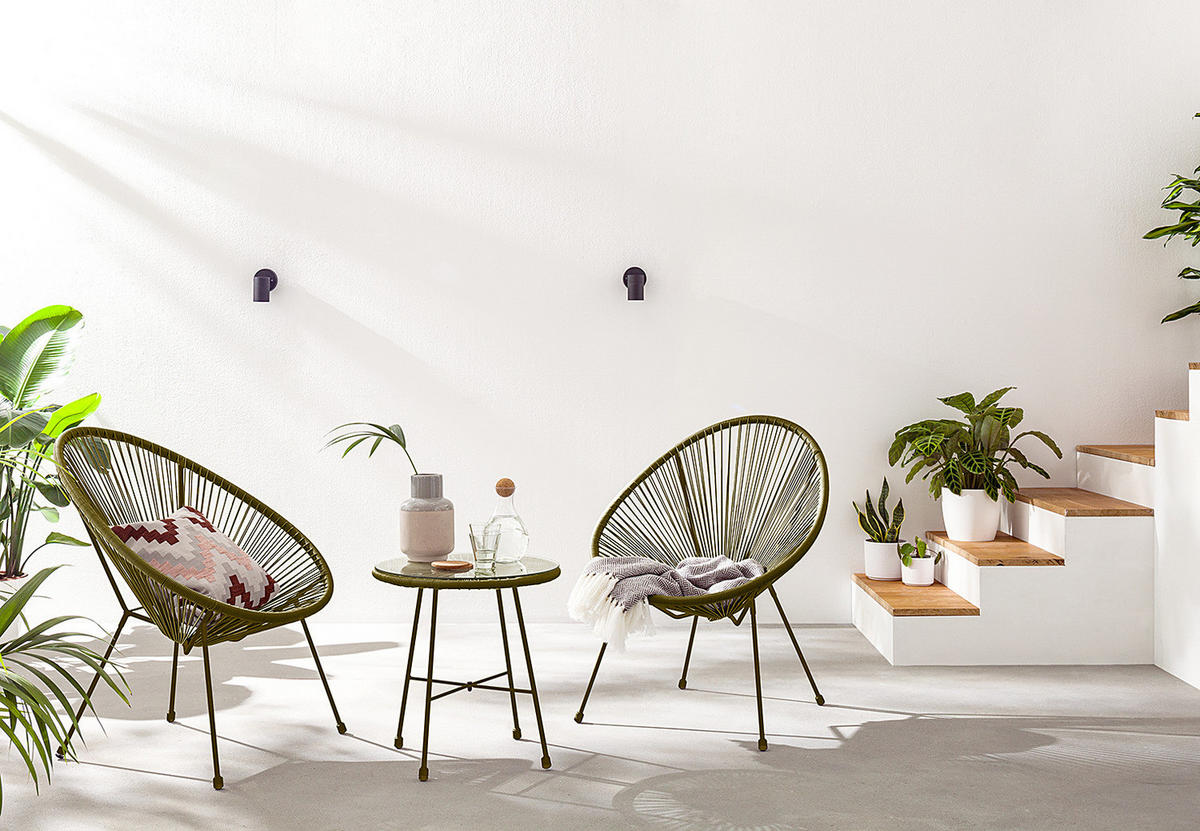 SITZGRUPPE - Stahl / Polyrattan - 3-teilig - Olivgrün, Naturmaterialien/Glas - home24