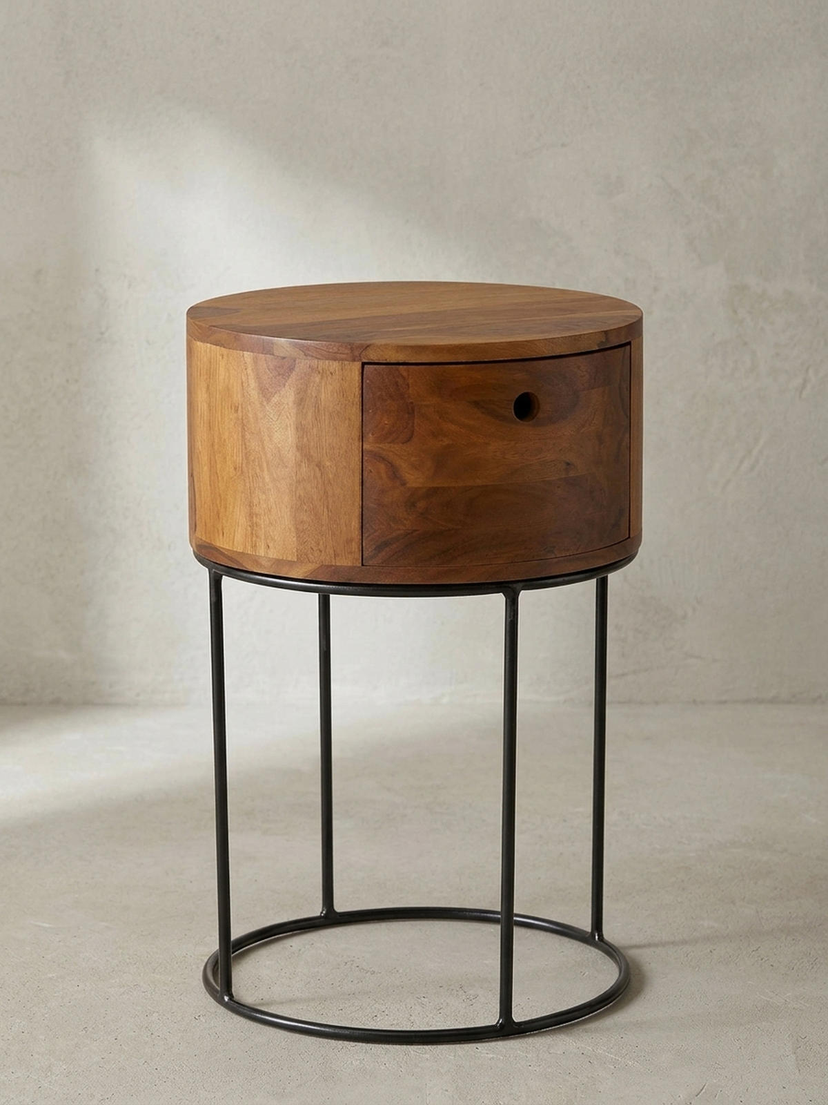 NACHTKONSOLE Massivholz mit Schublade rund Modern Braun - Schwarz/Braun, Holz/Metall (40/60/40cm) - KADIMA DESIGN