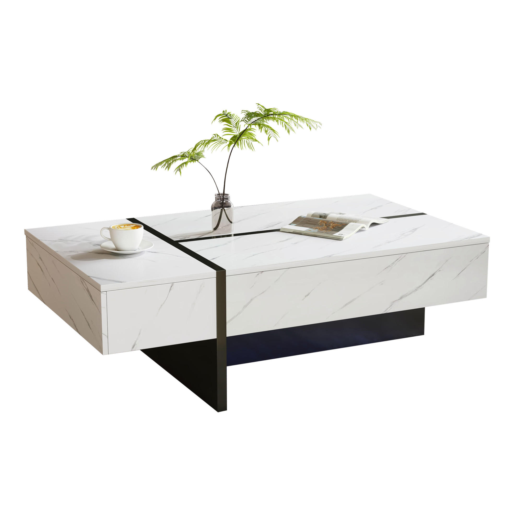 COUCHTISCH 105/60/35 cm in Weiß mit LED-Beleuchtung und 3 Schubladen - Weiß, Holzwerkstoff (105/60/35cm) - Flora Grace