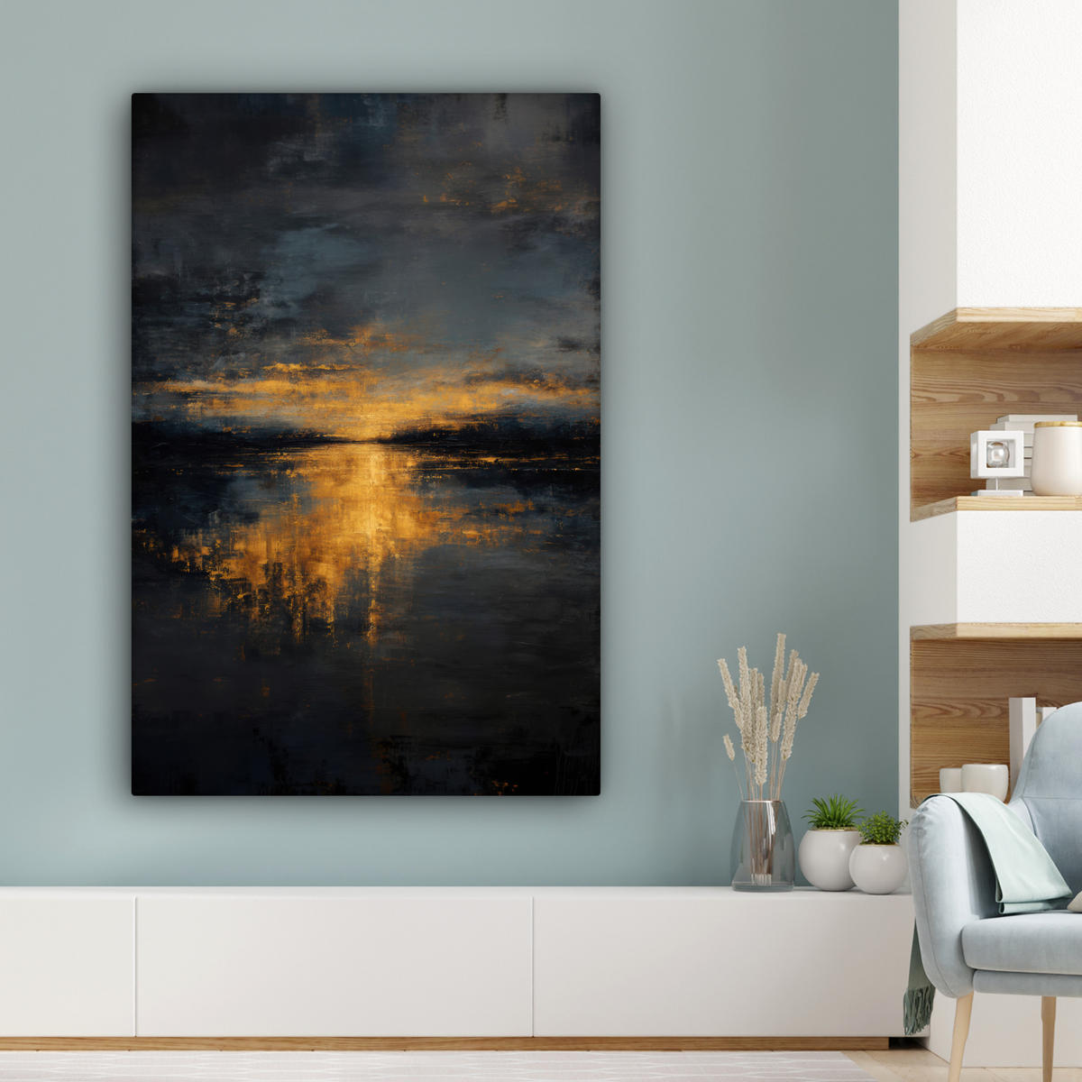 LEINWANDBILD Goldene Reflexion auf dem Wasser Deko XXL 80x120 cm - Anthrazit, Textil (80/120cm) - MuchoWow
