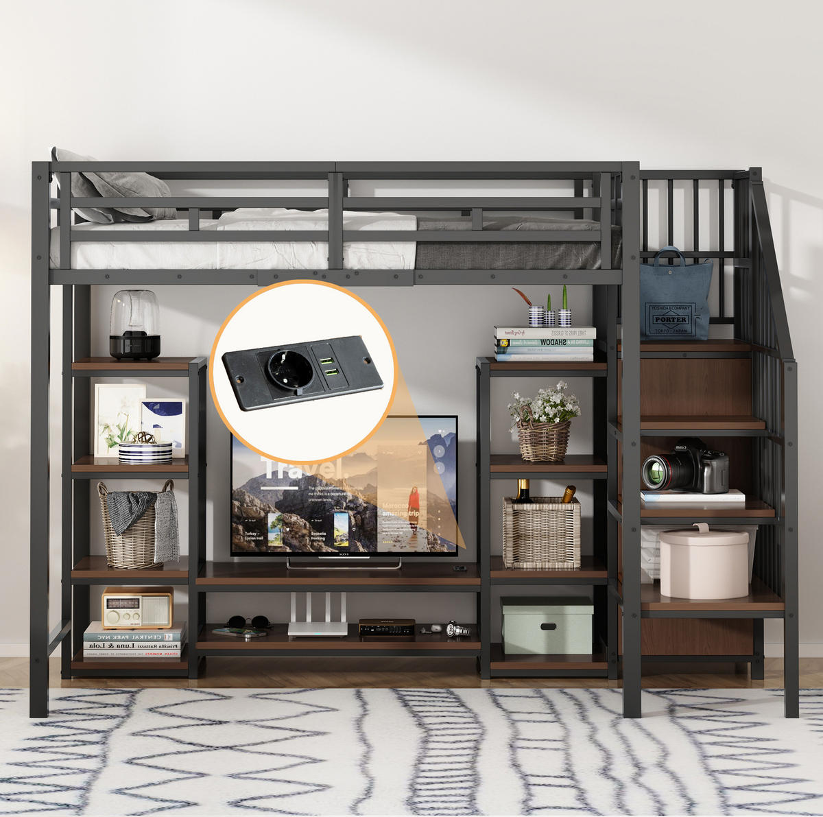 HOCHBETT 90/200 cm Schwarz aus Metall mit TV-Ständer und Steckdose - Schwarz, Metall (90/200cm) - OKMYHOME