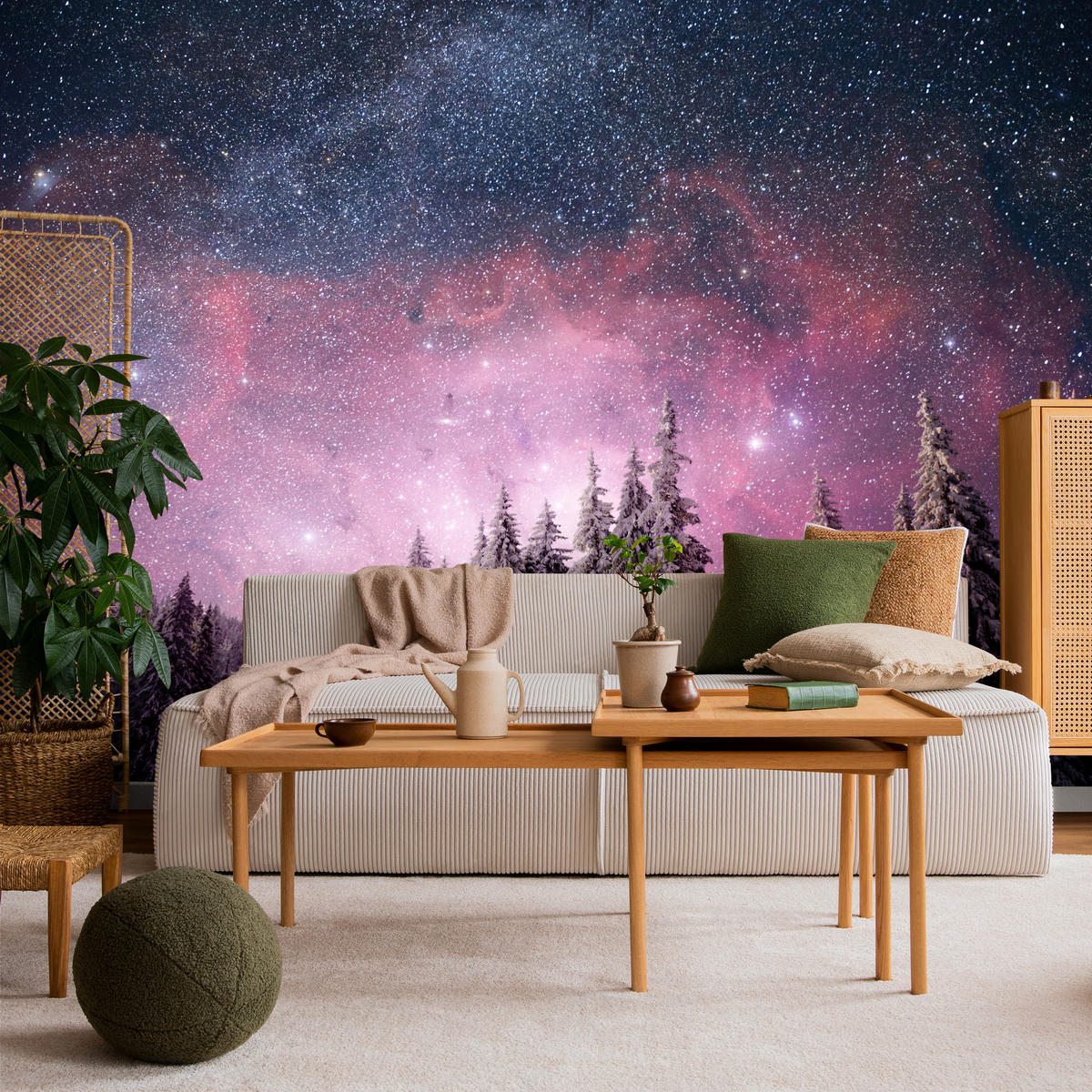 FOTOTAPETE für Schlafzimmer Verzauberter Tannenwald Winter Aurora 500x350 - Violett/Schwarz, Papier (500/350cm) - Muralo