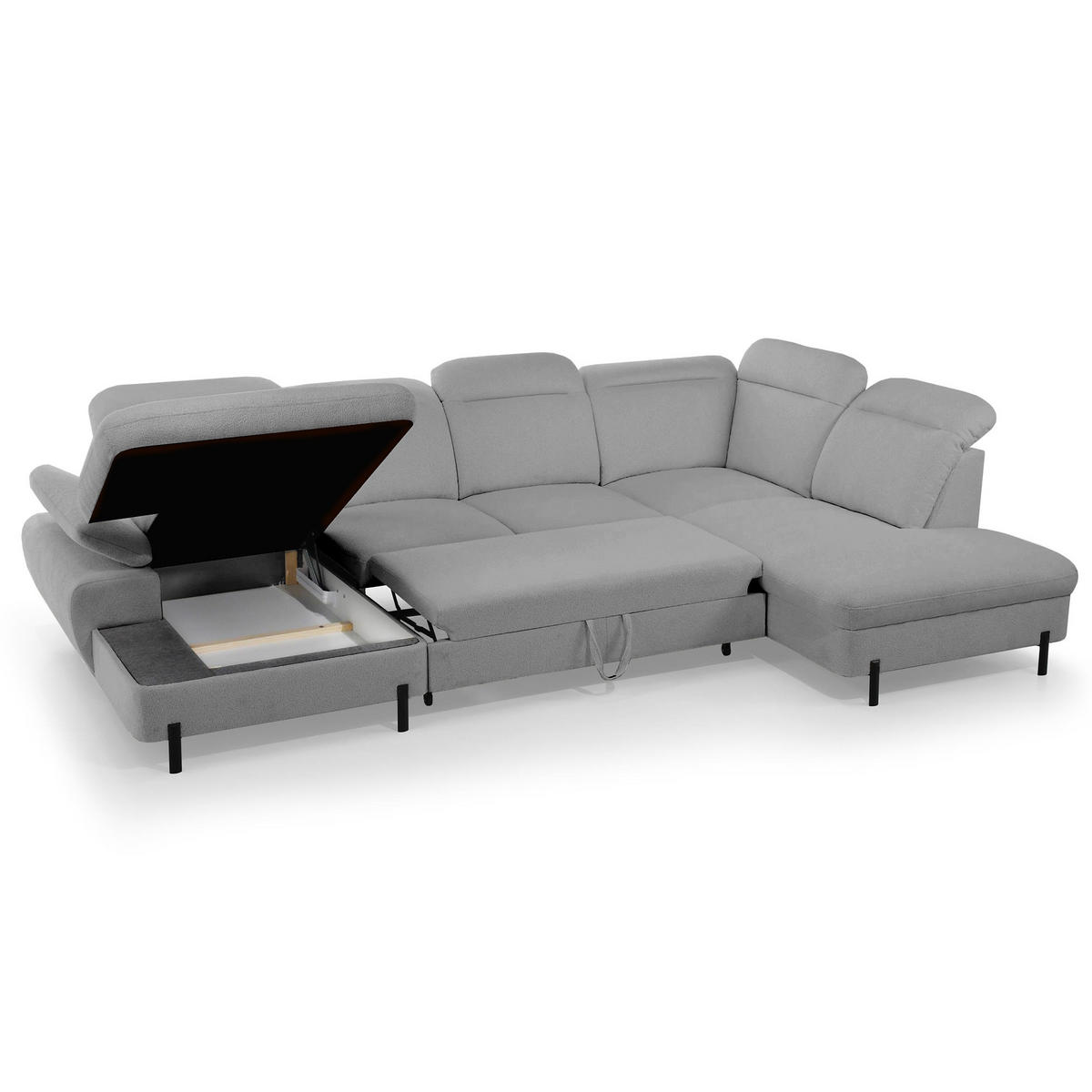 WOHNLANDSCHAFT Sora U mit Schlaffunktion und verstellbarer Sitztiefe, Kopfstützen und Armlehne, 365 cm, Grau, Links - Schwarz/Grau, Textil (365/107/235cm) - Beautysofa