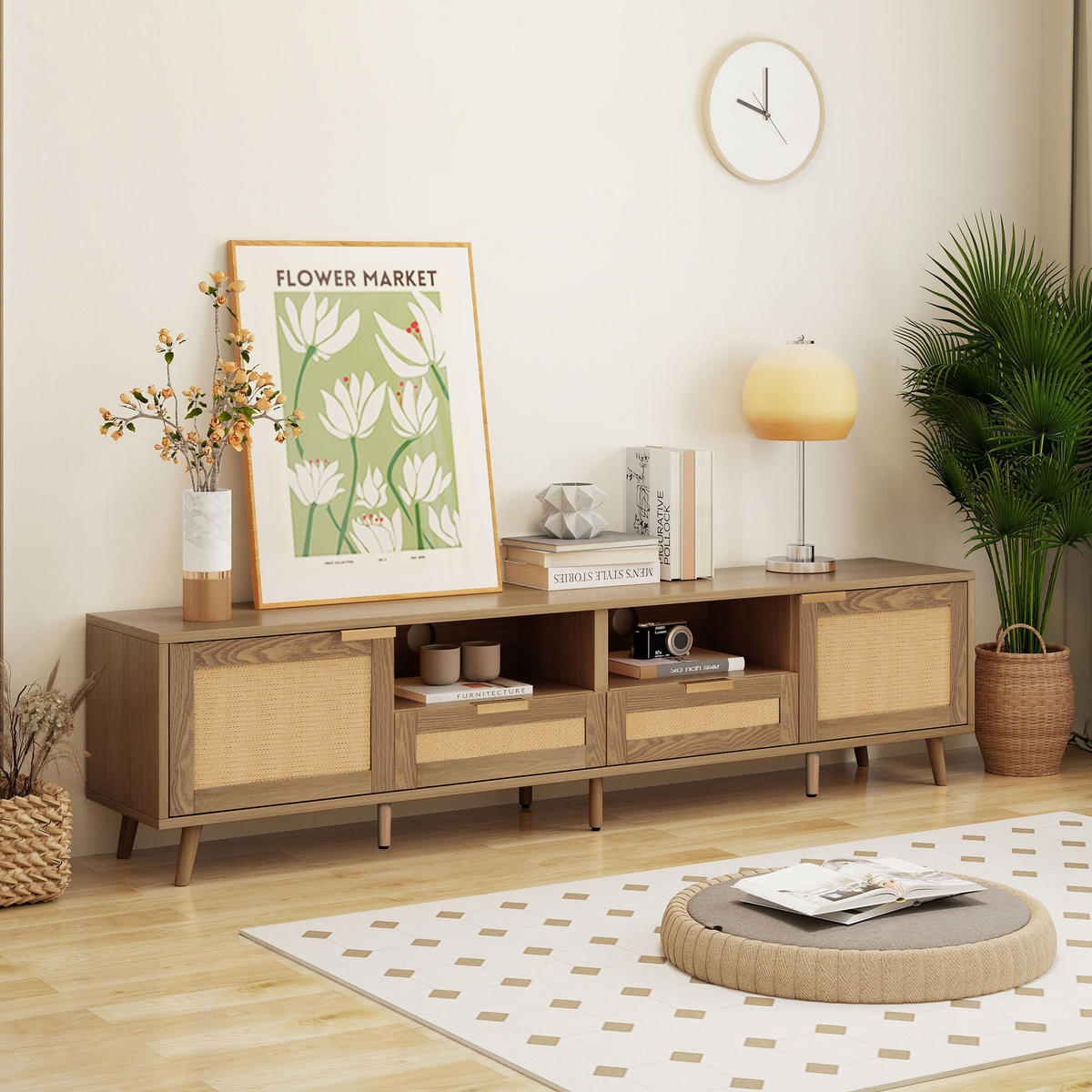 TV-ELEMENT 200/37/49 cm Rattan-Optik mit Massivholzfüßen - Eichefarben, Holzwerkstoff (37/49/200cm) - Korfee