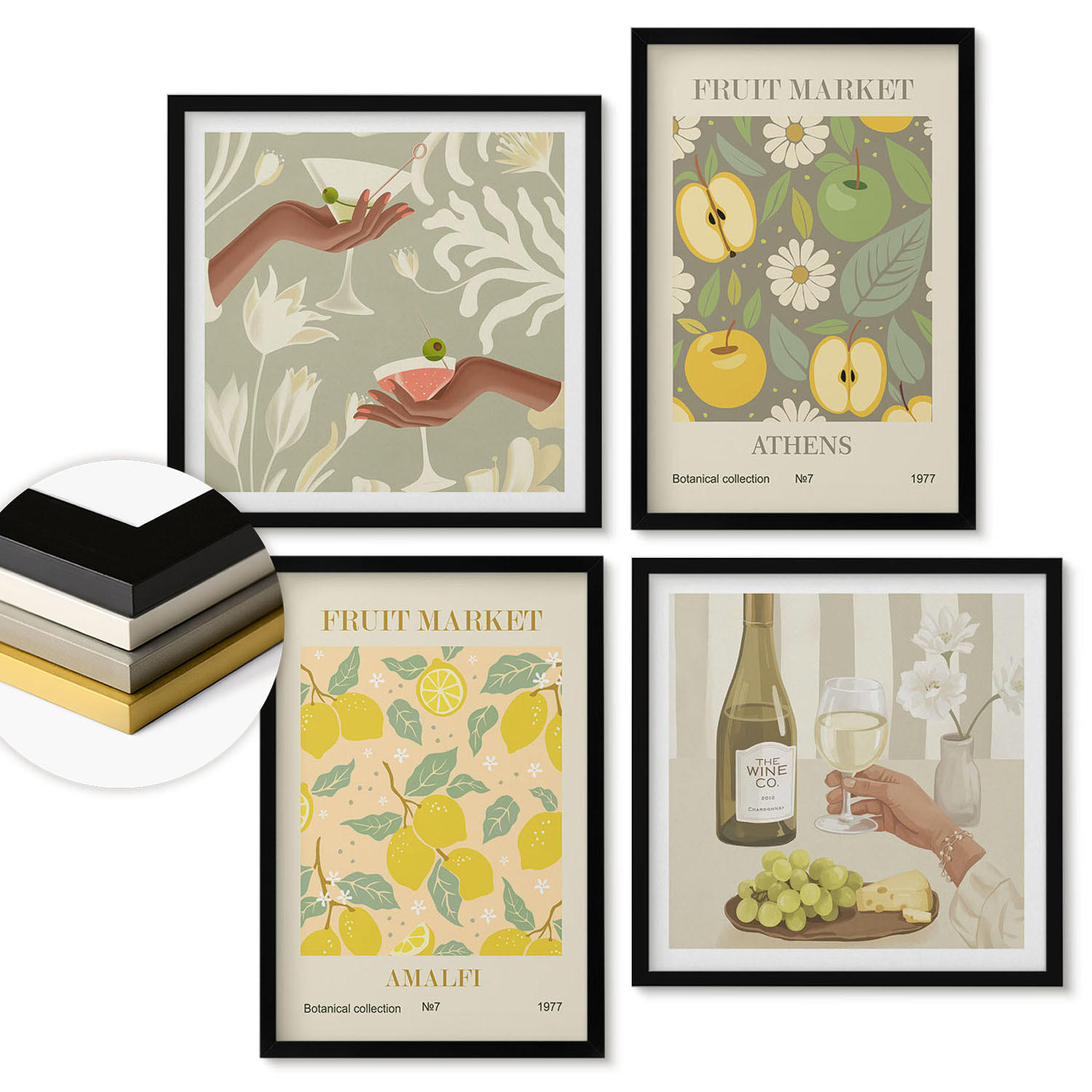 WANDBILDER 4er-Set - 50x50 cm & 40x60 cm Schwarzer Rahmen - Fruchtige Muster italienischer Wein - Schwarz, Kunststoff (50/50cm) - ArtPrintCave