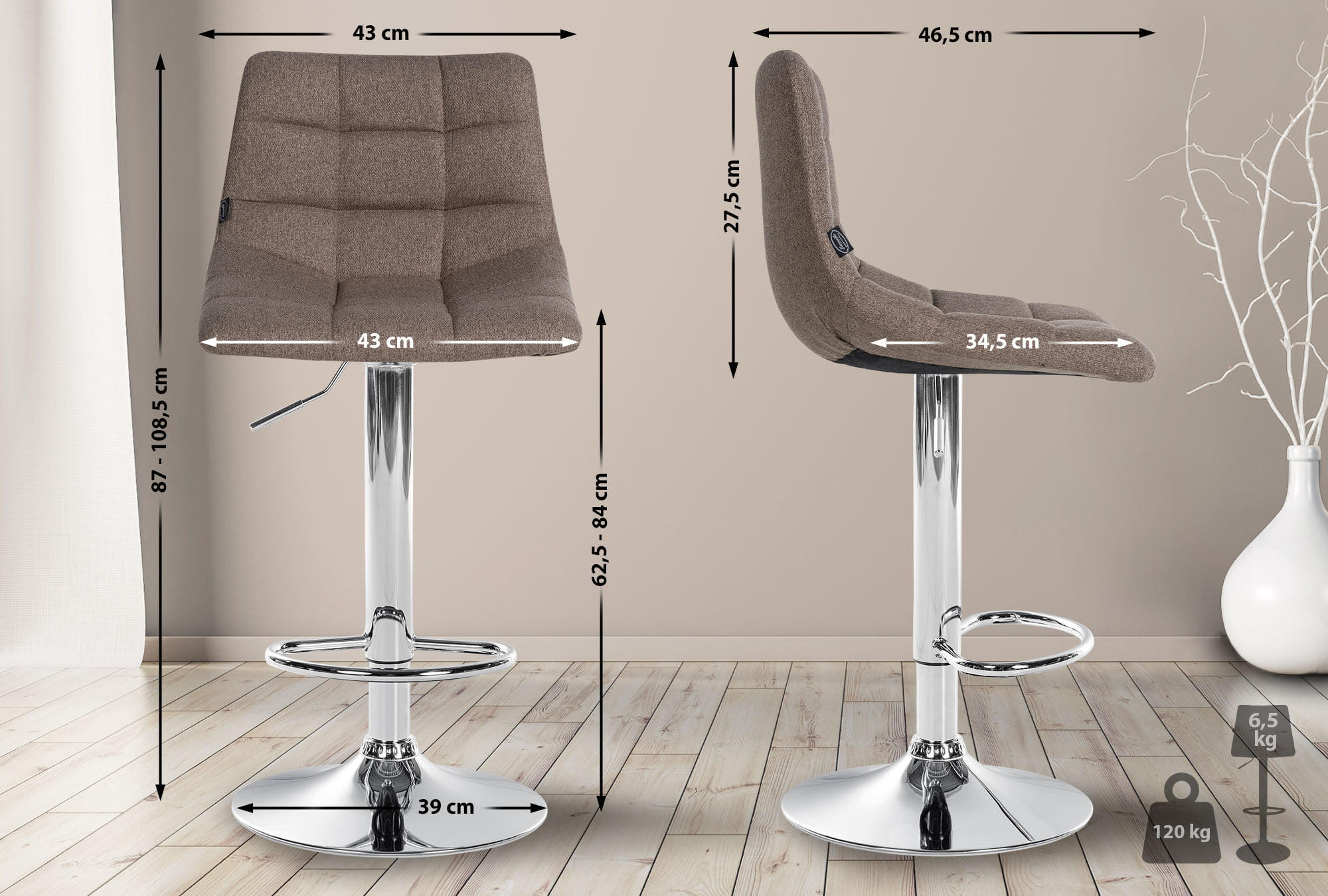 BARHOCKER 2er-Set DUBAI Taupe Stoff Chrom - Taupe, Textil/Metall (43/87/46.5cm) - DELUKE